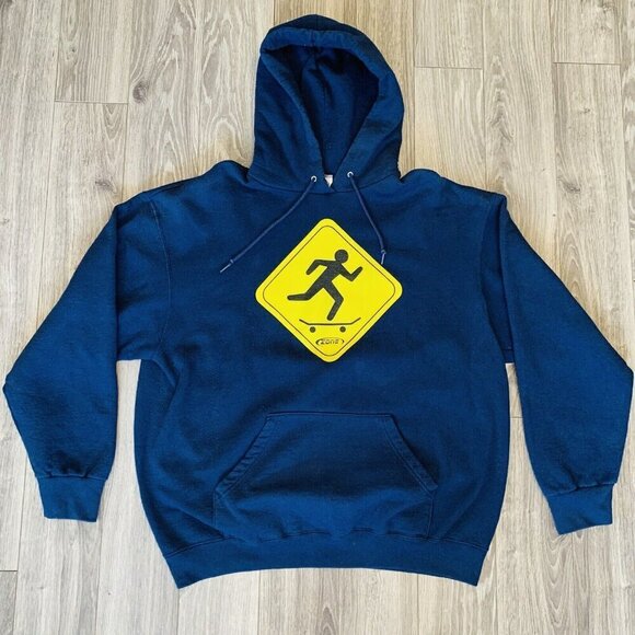 Vintage Fruit Of The Loom Hoddie Mens XL Y2K Skate Road Sign Traffic 90s - Picture 1 of 11